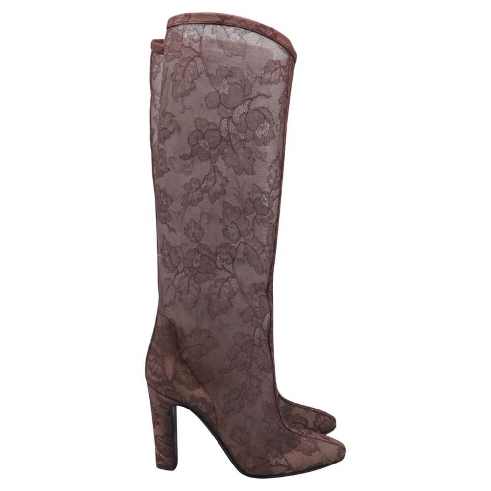 Valentino Garavani Floral Lace Detailed Knee-High Boots in Brown Polyester